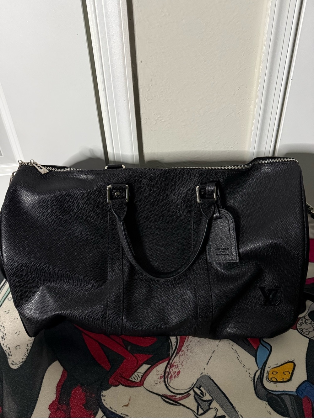 Louis Vuitton Black Textured Leather Travel Duffel